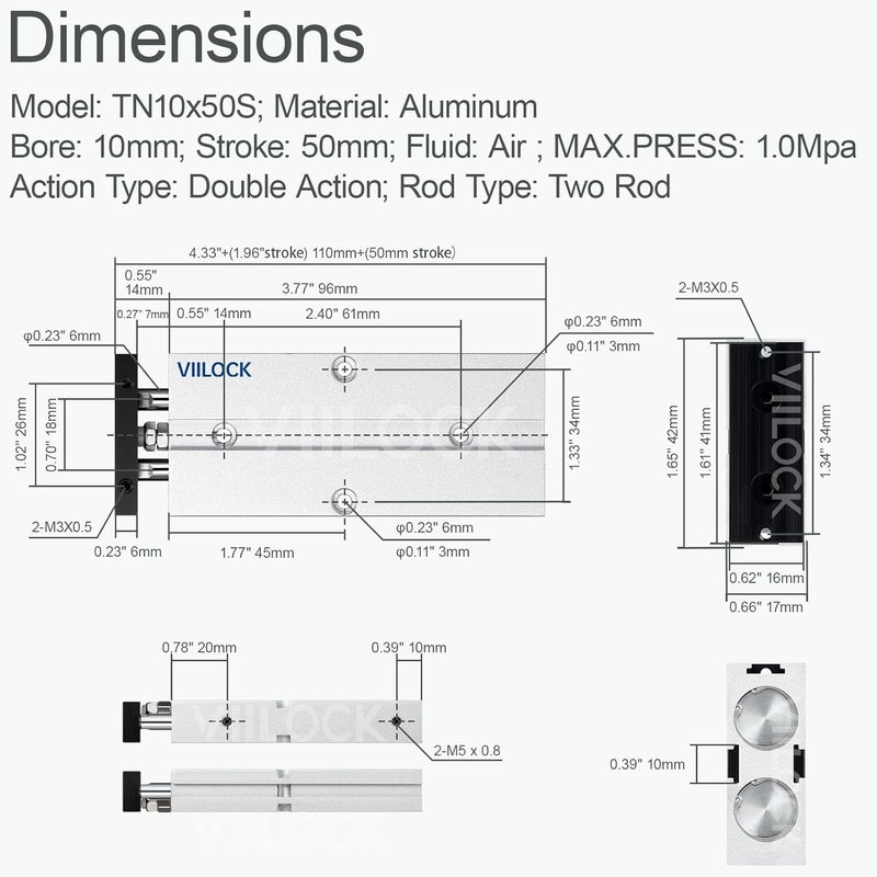 VIILOCK Pneumatic Air Cylinder 10mm Bore 50mm Stroke, Small Air Cylinder Double Rod Double Action TN10x50 - Image 4